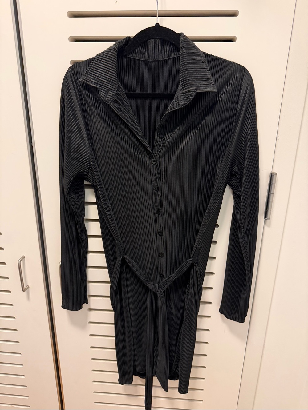 Black Ribbed Button-Front Mini Dress with Waist Tie
